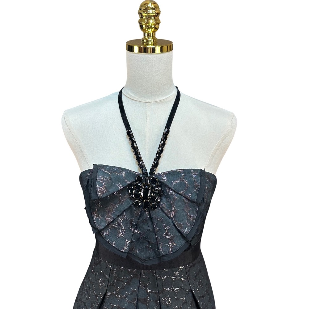 BCBG MAX AZRIA Women‎ Black Metallic Lace Jewel Halter Cocktail Dress Size 0 - Picture 3 of 9